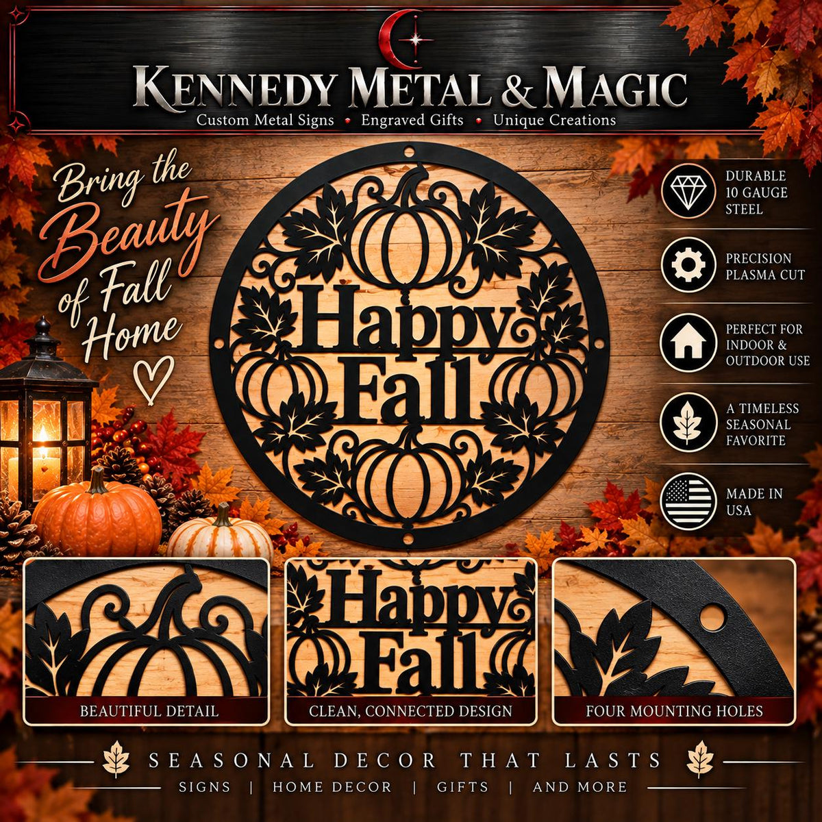 Happy Fall Metal Wreath Sign, 24" Pumpkin Leaf Autumn Porch Decor