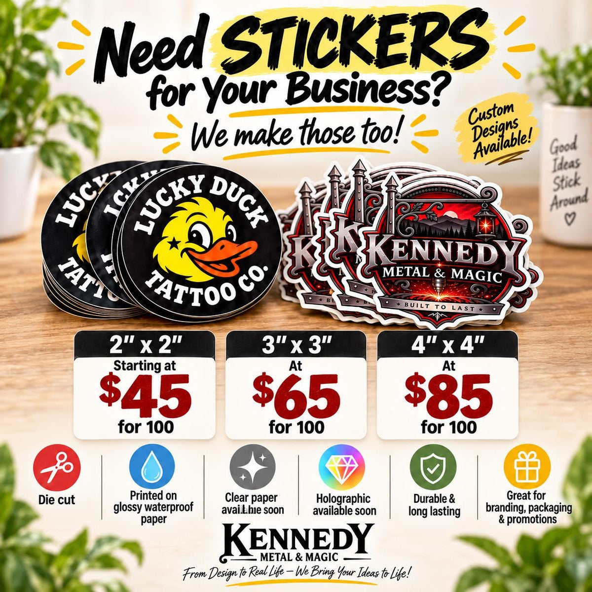 Custom Business Logo Stickers Die-Cut Waterproof Glossy Bulk 100 Pack, 2x2 3x3 4x4 Sizes