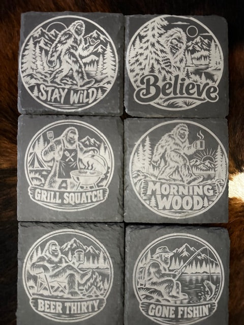 Sasquatch Laser Engraved Slate Coasters | Set of 6